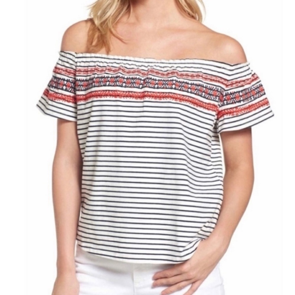 Anthropologie THML‎ Mirah White Striped Embroidered Boatneck
Off Shoulder Top L